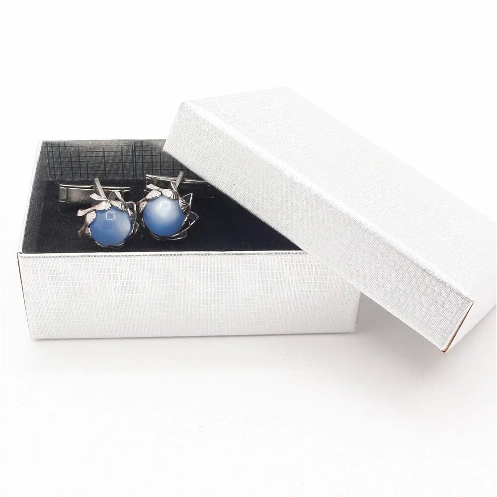 Vintage Silver Blue Moonglow Cabochon Glass Ginkgo Biloba Leaf Cufflinks MCM
